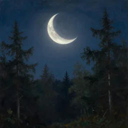 close-up, cinematic, the crescent Moon in the sky, above the night forest, soft lighting, oil on canvas, by Perov, by Levitan, masterpiece, trending on artstation, cinematic composition, beautiful lighting, sharp, details, hyper-detailed, HD