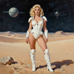 A mixed media portrait painting of a beautiful blonde woman posing on a desert alien planet, soldier, very curvy, aesthetic! white atomic-space-age style bikini-armor and boots, aesthetic symmetrical face and eyes, Scandinavian, by Boris Vallejo, Beeple, Frank Frazetta, Greg Rutkowski, Christian MacNevin, Alphonse Mucha, epic fantasy character art, high fantasy, CGsociety, 60's Sci-fi Pinup style, exquisite detail, post-processing, masterpiece, cinematic