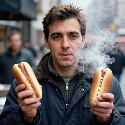 closeup portrait of a man in hustle coat selling hotdogs from his jacket in a smoky new york back street, by Annie Leibovitz and Steve McCurry, natural light, detailed face, CANON Eos C300, ƒ1.8, 35mm, 8K, medium-format print