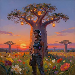 an african cyberpunk hacker girl with her headset plugged into a giant glowing baobab tree in the middle of a field of flowers at sunset, by greg rutkowski and android jones in a surreal cyberpunk! style, oil on canvas, 8k hd, synthwave colors!!
