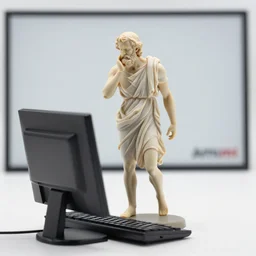 figurine of socrates contemplating buying a computer, personification, dynamic pose, detailed product photo, featured on amiami, 8 k, 8 5 mm, f. 1 4, beautiful composition,