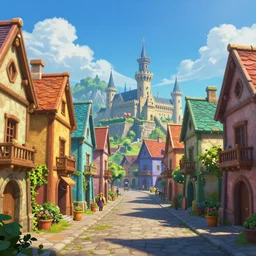 street view of a medieval fantasy city, colorful, vibrant, high quality, digital art, videogame background, trending on artstation,