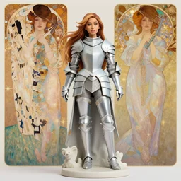 ariana grande as a fantasy female knight figurine in a light armor, soft transitions, mixed media, in the art style of alphonse mucha and claude monet and gustav klimt