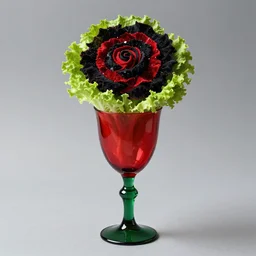a photo of a red goblet with a green neck, the top is a black and red vortex made of velvet shards in the shape of a head red butter lettuce