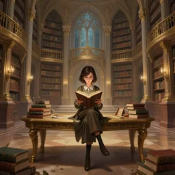 girl in glasses with a book in big hall, full body, sit on table with books, magic library, fantasy, intricate, elegant, highly detailed, digital painting, artstation, concept art, matte, sharp focus, illustration, hearthstone, art by artgerm and wlop, ilya kuvshinov, krenz cushart, rutkowski