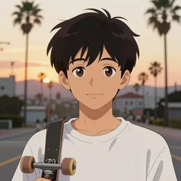 “portrait of handsome skater boy with brown eyes, Los Angeles, dawn, anime”
