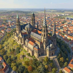 an ultra detailed matte landscape painting of an german renaissance capital city built on top of a large hill with many tall spirally towers, sweeping vista, german renaissance architecture, ultrawide lens, aerial photography, 8 k, volumetric lighting, smooth, highly detailed, digital illustration, art by greg rutkowski and akira toriyama and artgerm