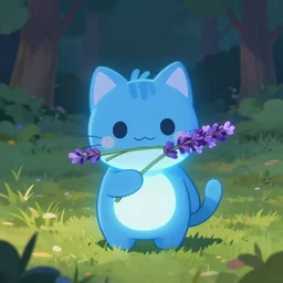 illustration of a glowing cute blue cat holding lavender in mouth, grassy field with trees in the background, concept art, artstation, amazing, beautiful, cinematic composition
