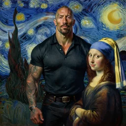 Dwayne the rock Johnson by James Gurney by Leonardo da Vinci by Vermeer by Rembrandt by Jean-Antoine Watteau by Eugene Delacroix by Claude Monet by Georges Seurat by Vincent van Gogh by Edvard Munch dramatic lighting oil on canvas trending on artstation cgsociety