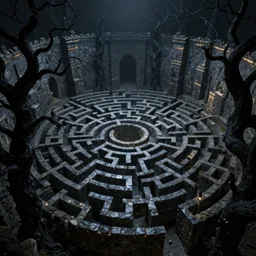 dense dark maze, tall stone walls, gnarled black trees, night, volumetric lighting, 8 k octane beautifully detailed render, post - processing, extremely hyper - detailed, intricate, epic composition, intricate, trending on artstation, stunning art by anders zorn, wonderful masterpiece by frank frazetta