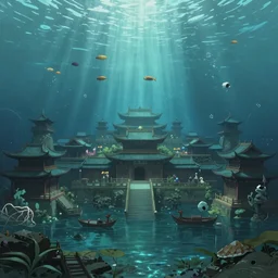 A beautiful painting of an ancient underwater Chinese city at the bottom of the lake, rays of light illuminating from the top, highly detailed, digital painting, artstation, concept art, smooth, sharp focus ilustration, Artstation HQ by Alfons Maria Mucha and Julie Dillon and Makoto Shinkai