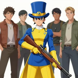 superhero with tophat and a rifle in blue and yellow clothes, by anato finnstark, by alena aenami, by john harris, by ross tran, by wlop, by andreas rocha