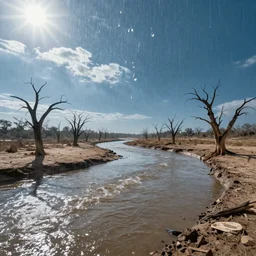 panorama of a cloudless rain above a dried up river in a desolate land, dead trees, blue sky, hot and sunny, big raindrops, highly-detailed, elegant, dramatic lighting, artstation, 4k, cinematic landscape, photograph by Elisabeth Gadd