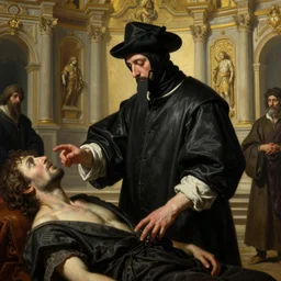oil matte portrait painting, bubonic plague doctor outside a baroque cathedral investigating deceased, detailed faces, wonderful masterpiece highly detailed, beautiful cinematic light deep focus, elegant, smooth, sharp focus, golden ratio, dramatic illumination, ultra realistic, 8 k, art by salvator rosa