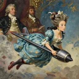 marie antoinette in a french dress, wearing a jetpack!!!!!!!!!!!!!!, flying, jodhpurs greg manchess painting by sargent and leyendecker, studio ghibli fantasy close - up shot asymmetrical intricate elegant matte painting illustration hearthstone, by greg rutkowski by greg tocchini by james gilleard