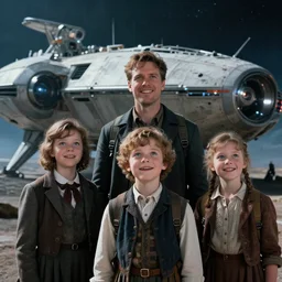 extremely sharply detailed, film from blockbuster 9 6 k sci fi color movie freeze frame, set 1 8 6 0, family standing in front of crashed spaceship, on alien planet, looking happy, wearing 1 8 5 0 s era clothes, atmospheric lighting, in focus, reflective eyes, 9 9 9 mm macro lens, live action, nice composition and photography, clear faces