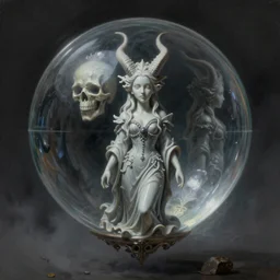 By Tom Bagshaw, ultra realist soft painting render of a beautiful face horned single porcelain female in long curvy gothic dress looking inside an octane render of a floating transparent glass sphere with a lord of the dead skull portrait, reflection and refraction, symmetry accurate features, very intricate details, deep fog, dark fantasy background, artstation