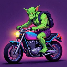 psychedelic blacklight airbrush art of an orc riding a motorcycle, stylized, radical 90s, soft edges, smooth gradients,