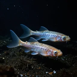 eyeless blind albino weird long fishes from inside deep dark freshwater lake cavern, black background, very dark dim lighting, legendary award winning underwater nature photography