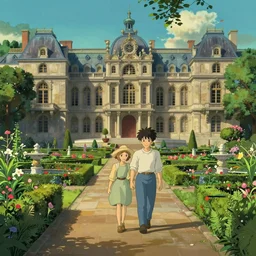 beautiful render of glorious palace gardens, by lee madgwick and hubert robert, by liam wong, studio ghibli style, blade runner, vivid color, moody lighting, unreal engine, 4 k hd wallpaper : 2
