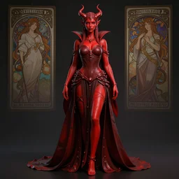 full length complex 3 d hyper realistic smooth ultra sharp render of a gorgeous!! red skin robed princess demoness sorceress woman | beatiful demon girl | d & d, medieval, fantasy | art by oh jinwook + 吵 集 仁 儿 on artstaion + takeshi obata + alphonse mucha + wlop
