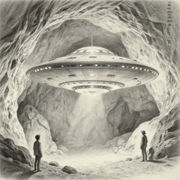hyperrealist pencil sketch of a flying saucer in a colossal cave by jeremy mann and alphonse mucha, fantasy art, drawing, dynamic lighting, artstation, poster, volumetric lighting, very detailed faces, 4 k, award winning