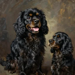 painting of a black fur, happy, smiling, completely black cavalier king charles spaniel cross with completely black cockerspaniel with black fur thinking about being a good boy. art by john constable