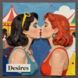 two women kissing at a carnival, mixed media collage, retro, paper collage, magazine collage, acrylic paint splatters, bauhaus, claymation, layered paper art, sapphic visual poetry expressing the utmost of desires by jackson pollock