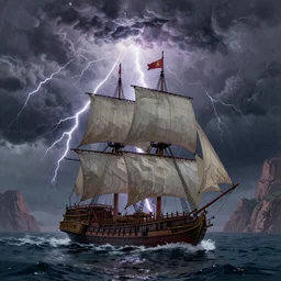 a sail powered pirateship sailing through a powerful lighting storm, cliffs can be seen in the background, in the style of hudson river school, trending on art station, colorful