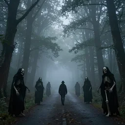 spectres in the enchanted forest covered by foggy clouds of mist haul at the lone traveller of the roads, twilight, dreamy sequence, macabre spectacle, skeletal figures, curious, solitude, uneasy, octane, unreal 5, cinematic, 8 k uhd, intricate detail, hyperrealist, sharp, photoshop, polished, edited