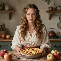 romanticism painting of ( ( jennifer lawrence ) ) in a rustic style kitchen, baking apple pie, symmetrical face, beautiful eyes, cottagecore, artstation, 8 k, highly detailed