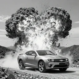 chrevrolet malibu 7 8 rolling down a mountain exploding, black and white photograph
