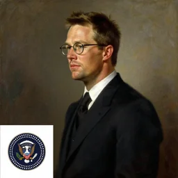 official side portrait of united states president tom brady, in a black suit and glasses, 1 9 2 6, a character portrait by cassius marcellus coolidge, reddit contest winner, american romanticism, oil on canvas, detailed painting, creative commons attribution