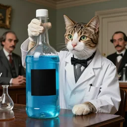 an aristocratic cat dressed as a scientist intrigued by a slick plastic bottle filled with magic blue iridescent liquid, there is a big black square on the bottle, art highly detailed, by frank frazetta, keith parkinson and greg rutkowski and aleksandra skiba and salvador dali, concept art,