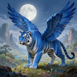 Blue feathered Tiger with wings on a beautiful fantasy landscape, hills, mountains, moonlit, HD, illustration, epic, D&D, fantasy, intricate, elegant, highly detailed, digital painting, artstation, concept art, smooth, sharp focus, illustration, art by artgerm and greg rutkowski and alphonse mucha