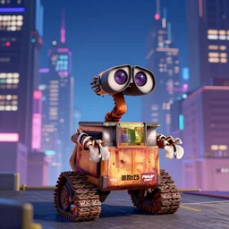 dog in cyberpunk city in the style of wall - e