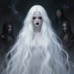 cosmic dmt dream goddess, long white hair, creepy, horror, in the style of artgerm and charlie bowater and atey ghailan and mike mignola, vibrant colors and hard shadows and strong rim light, epic lighting, comic cover art, plain background, trending on artstation, detailed