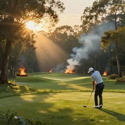 close-up of an athletic golf player on a stunning landscape lush golf course, magical lights, golden hour, surrounded by forest fire, smoke from the fire, sunlight shining through the branches of trees, digital painting, 4k, forest ray light, particles light, by sasha kalinkin, Noah Bradley, ilya kuvshinov