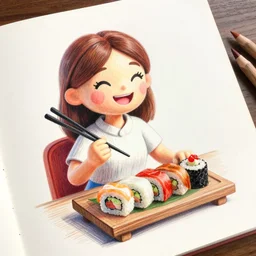 angled view of a 3 d drawing of a happy woman eating sushi, concept analytic drawing, color pencil, by greg rutkowski!