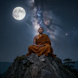 high definition render of a monk on top of a mountain, alex gray, full moon, milky way, galaxy, buddhism, 8 k, intricate, raytracing, cinematic