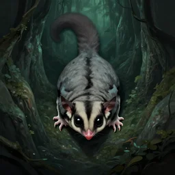 the sugar glider of the hourglass gorge, in the style of danny flynn and jim holloway, trending on artstation, dark atmospheric lighting high angle view symmetrical, illustrator, lovecraftian, symmetrical, modernism