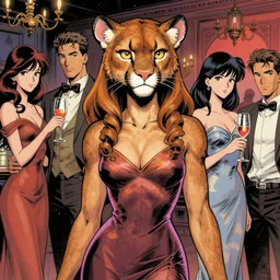 beautiful portrait commission of a female furry anthro mountain lion wearing a cocktail dress at a cocktail party. Atmospheric. Character design by charlie bowater, ross tran, artgerm, and makoto shinkai, detailed, inked, western comic book art