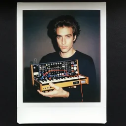 1980s polaroid colour flash photograph of a man made of 80s modular synthesizers