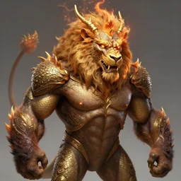gorilla - bodied lion - headed dragon - scaly head burning superhero, glam, power, glowing lights intricate, elegant, highly detailed, digital painting, artstation, concept art, smooth, sharp focus, illustration, art by artgerm and greg rutkowski and fra angelico and unreal engine 5