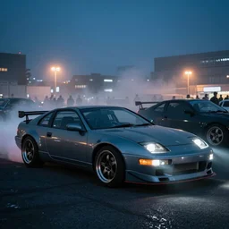 a car 300ZX turbo drift at illegal car meet, Chiba prefecture, city midnight mist lights, cinematic lighting, photorealistic, highly detailed wheels