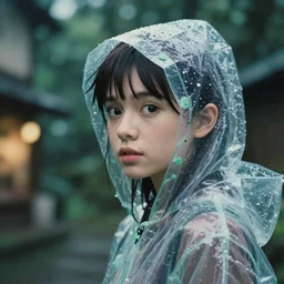Cinestill 50d, 8K, highly detailed, Hayao Miyazaki style 3/4 extreme closeup portrait, eye contact, focus on clear transparent raincoat girl model, tilt shift zaha hadid style forest background: famous blade runner remake, tokyo izakaya scene