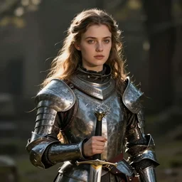 Young female medieval knight, with long hair, with a sword in a scabbard
