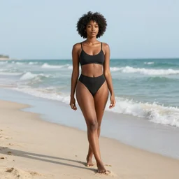 beautiful black girl, short curly hair, on the beach, full body