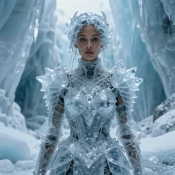 full shot of a regal brown - skinned woman wearing an intricate armor made of many layers of ice. no makeup!! freckles!! haunting eyes. vulnerable. fragile. ethereal. elaborate. ice caves. glaciers. refracted light. extremely soft lighting. textures. delicate. translucent. by ray cesar. by louise dahl - wolfe. by andrea kowch. surreal photography.