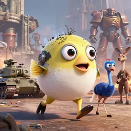 pixar puffer fish dinosaurs googly eyes cyborg running kangaroo ostrich atat, military tank fury road, pacific rim, iron smelting pits space marines, of spiked gears of war skulls, military chris foss, john harris, hoover dam'aircraft carrier tower'beeple, wayne barlowe, warhammer 4 0 k, halo, halo, mass effect